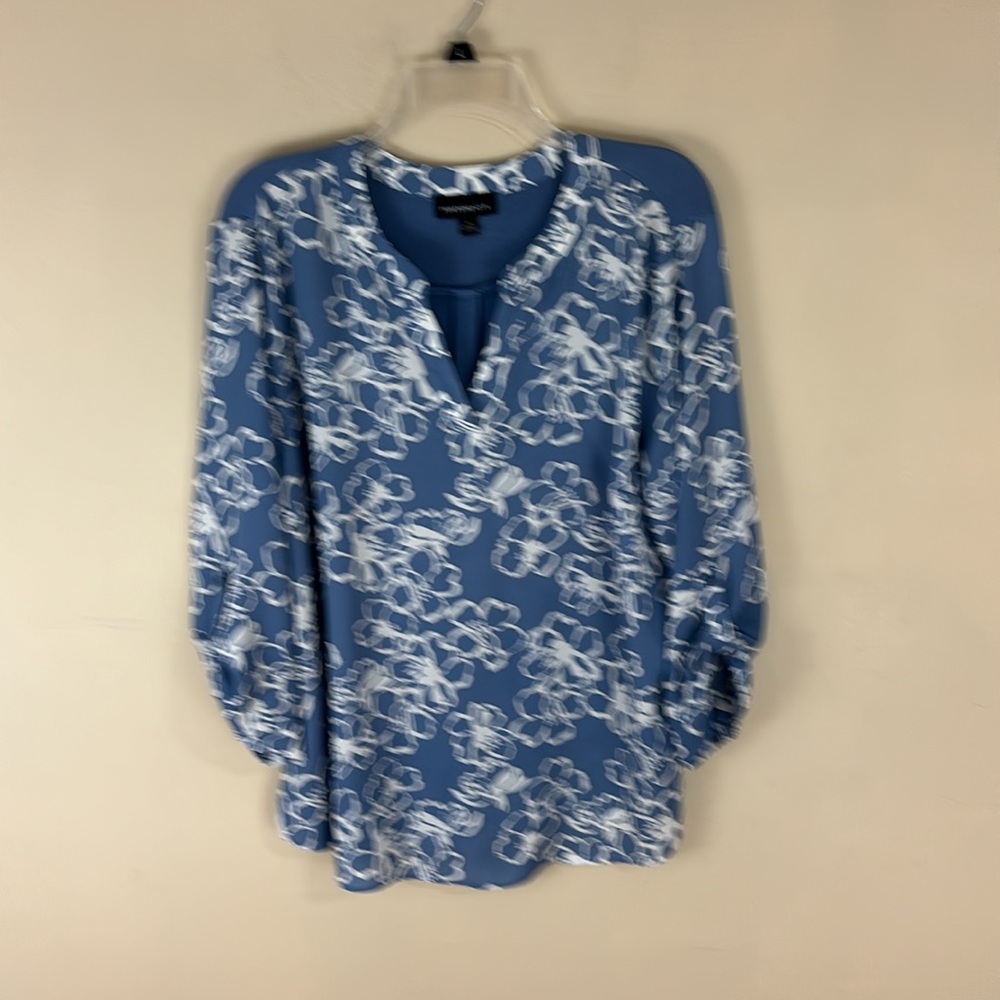 Fortune+Ivy Blue Floral Split Neck Top with 3/4 Tab Sleeves Size XL